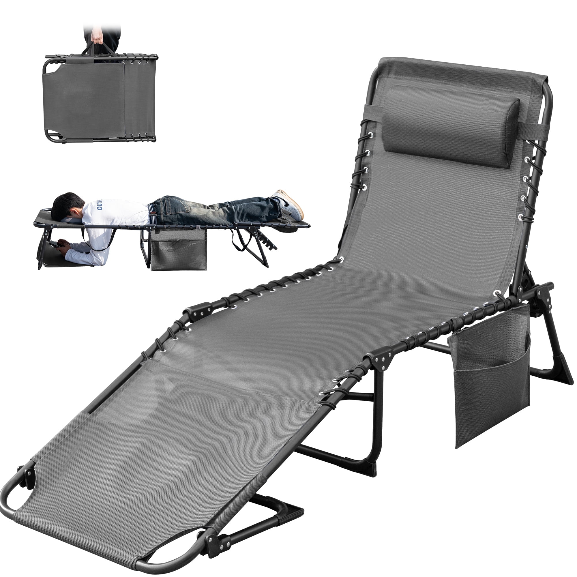 Gray Metal Foldable Outdoor Lounge Chair with Tencel Cushion