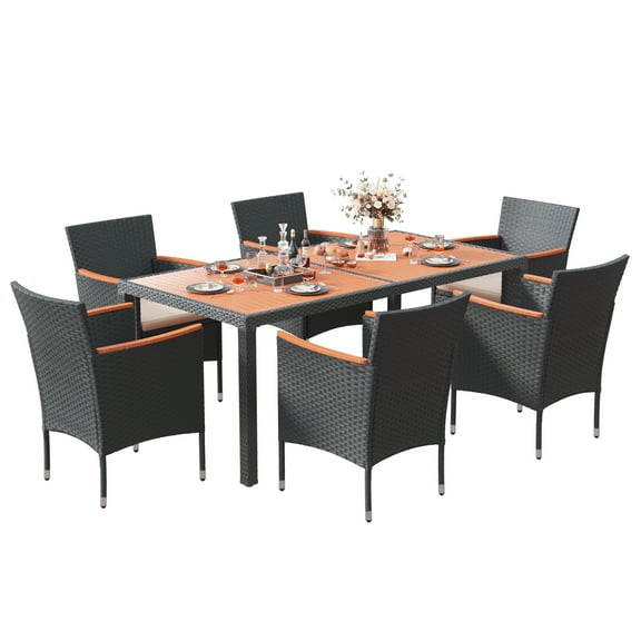 Homall Outdoor Patio 7 Piece Rattan Table And Chairs Set Waterproof Acacia Wood Table Top with Cushioned Seats,Brown