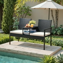 Homall Outdoor Patio Loveseat Rattan with Cushions and Built-in Coffee Table Patio Conversation Furniture for Garden Backyard, Beige