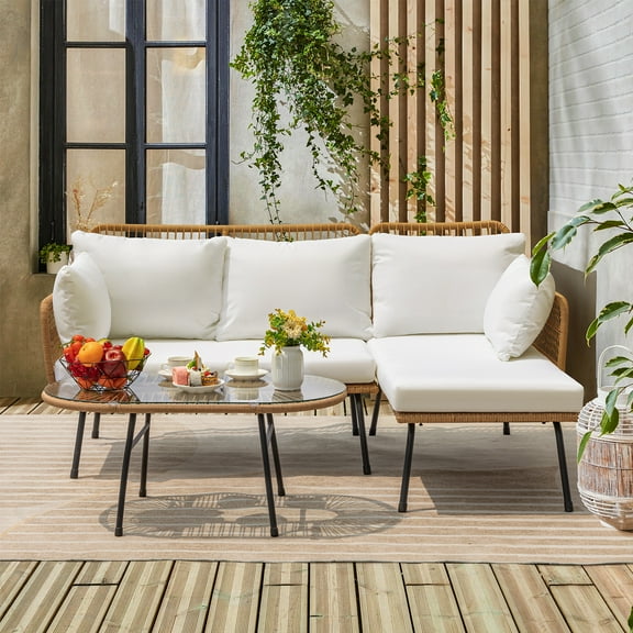 Homall Outdoor Rattan Woven L-Shaped Sofa with One Coffee Table, L-Shaped Sofa with Cushions, Coffee Table with Tempered Glass Table Top