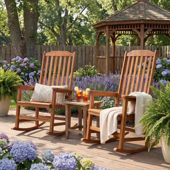 Homall Outdoor Rocking Chair Set Of 2, Solid Acacia Wood Porch Rocker with Ergonomic Backrest & Wide Armrests, 350LBS Weight Capacity, All-Weather Rocking Chair for Patio, Garden, Balcony
