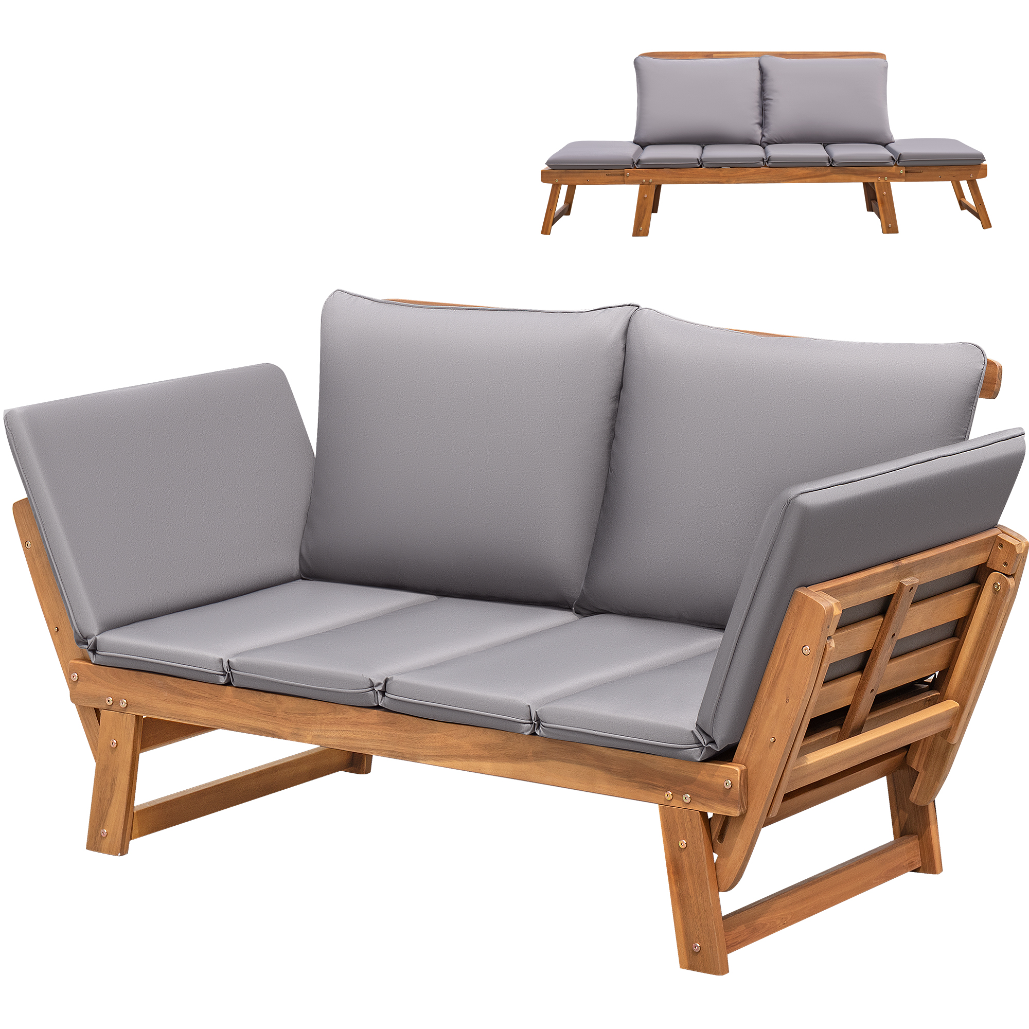 Gymax Adjustable Patio Sofa Daybed Acacia Wood Furniture w/ White