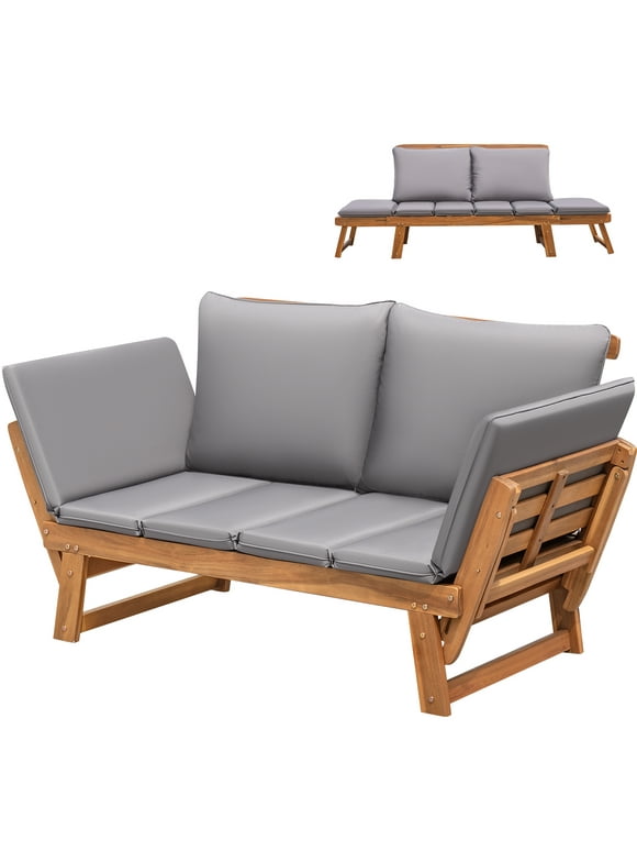 Homall Outdoor Sofa Patio Acacia Wood Daybed with Adjustable Armrests, Gray