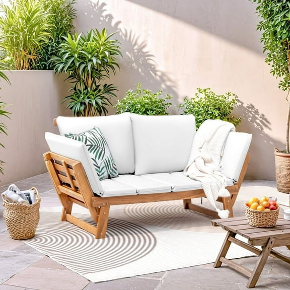 Homall Outdoor Sofa Patio Acacia Wood Daybed with Adjustable Armrests, White