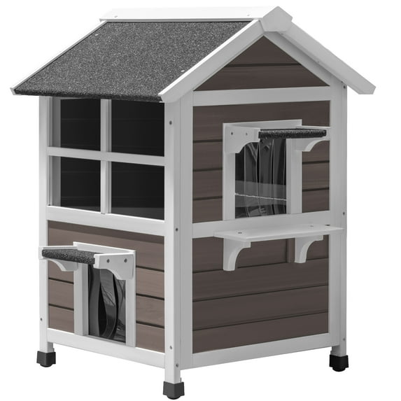 Homall Outdoor Wooden Cat House with Air Vents, Indoor Feral Cat Shelter with Escape Door and Balcony, Light Brown