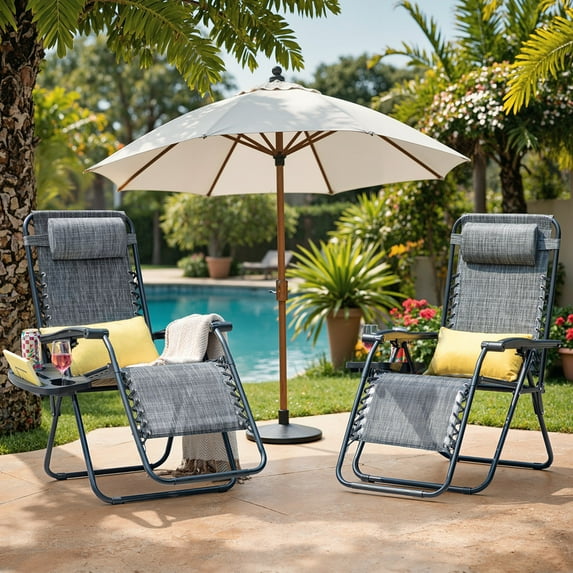 Homall Outdoor Zero Gravity Chair Patio Recliner Chaise Lounge with Adjustable Headrest and Tray for Storage, Pack of 2,Double Gray
