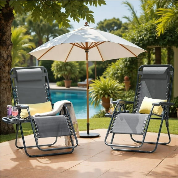 Homall Outdoor Zero Gravity Chair Patio Recliner Chaise Lounge with Adjustable Headrest and Tray for Storage, Pack of 2,Gray