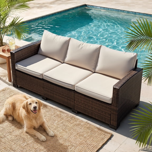 Homall 3-Seat Patio Furniture Outdoor Sofa Couch with Waterproof Cover High Back Rattan Deep Seat Sofa for Porch Backyard