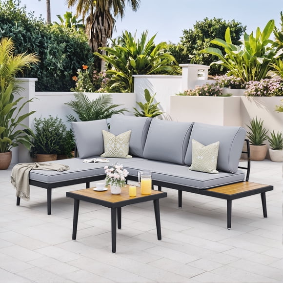 Homall Patio Conversation Set Outdoor Sofa Metal L-shape Patio Sofa with Cushion, Gray
