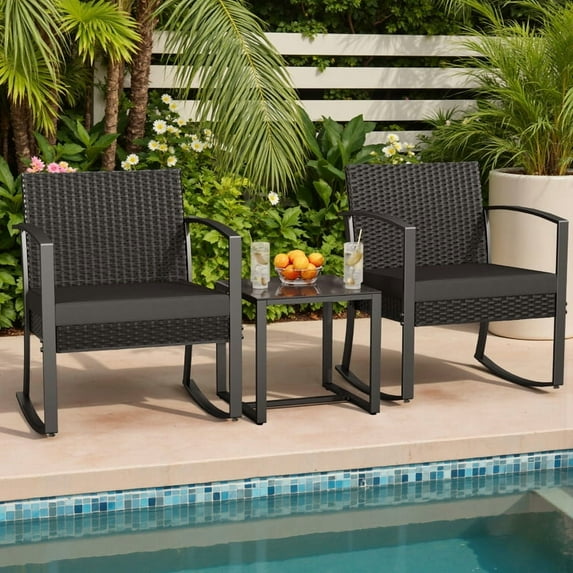 Homall Patio Furniture Set Outdoor Rocker All Weather PP Rocking Chair with Cushion Set of 3, Black