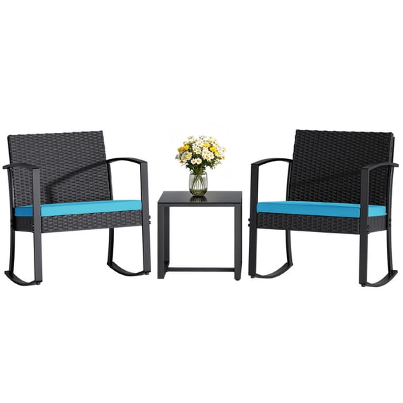 Homall Patio Furniture Set Outdoor Rocker All Weather PP Rocking Chair with Cushion Set of 3, Blue