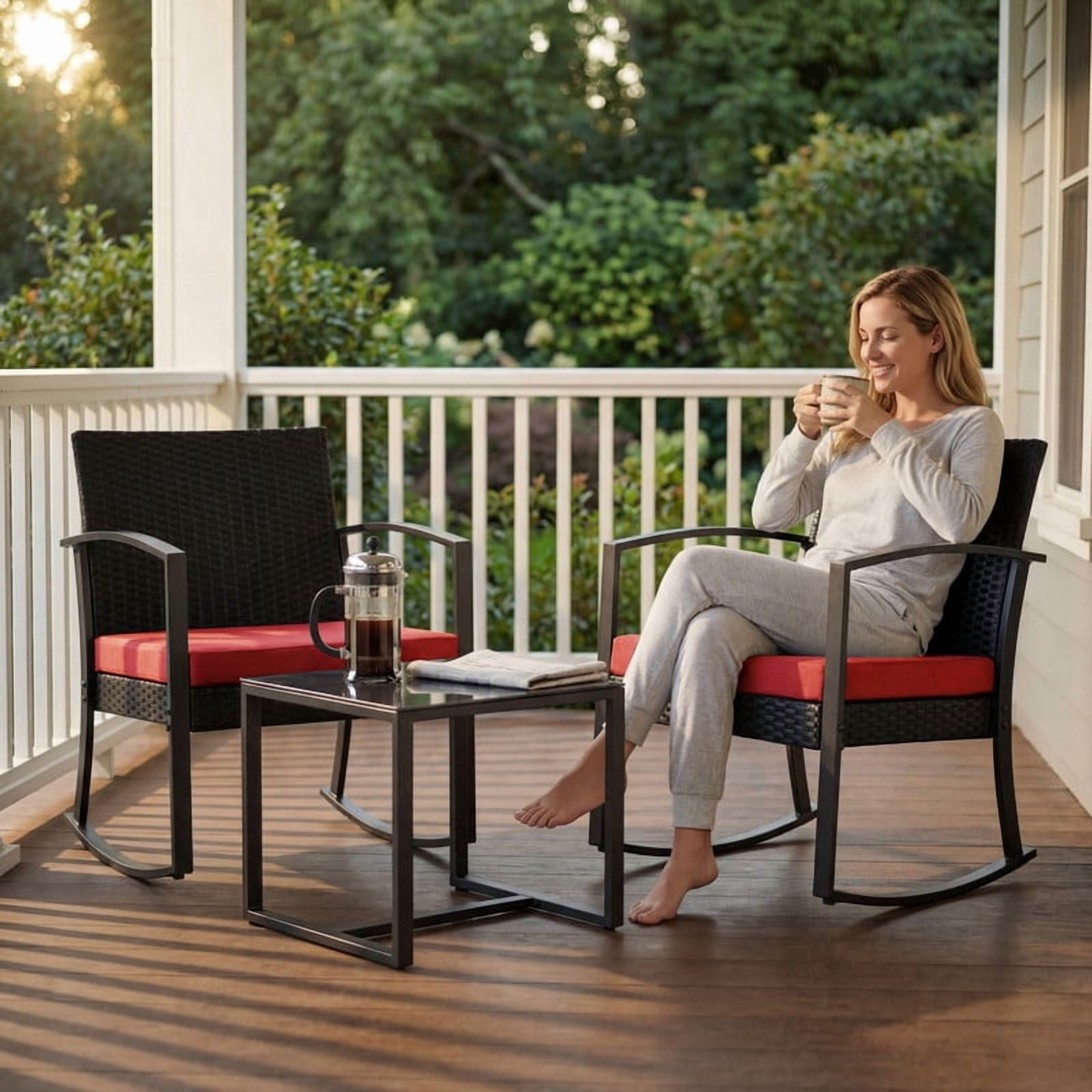 Homall Patio Furniture Set Outdoor Rocker All Weather PP Rocking Chair with Cushion Set of 3, Red