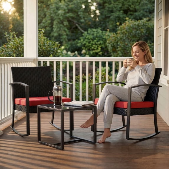 Homall Patio Furniture Set Outdoor Rocker All Weather PP Rocking Chair with Cushion Set of 3, Red