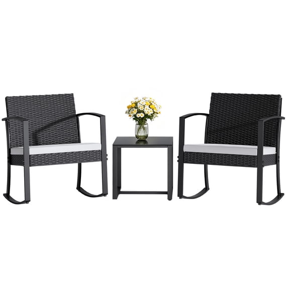 Homall Patio Furniture Set Outdoor Rocker All Weather PP Rocking Chair with Cushion Set of 3, White