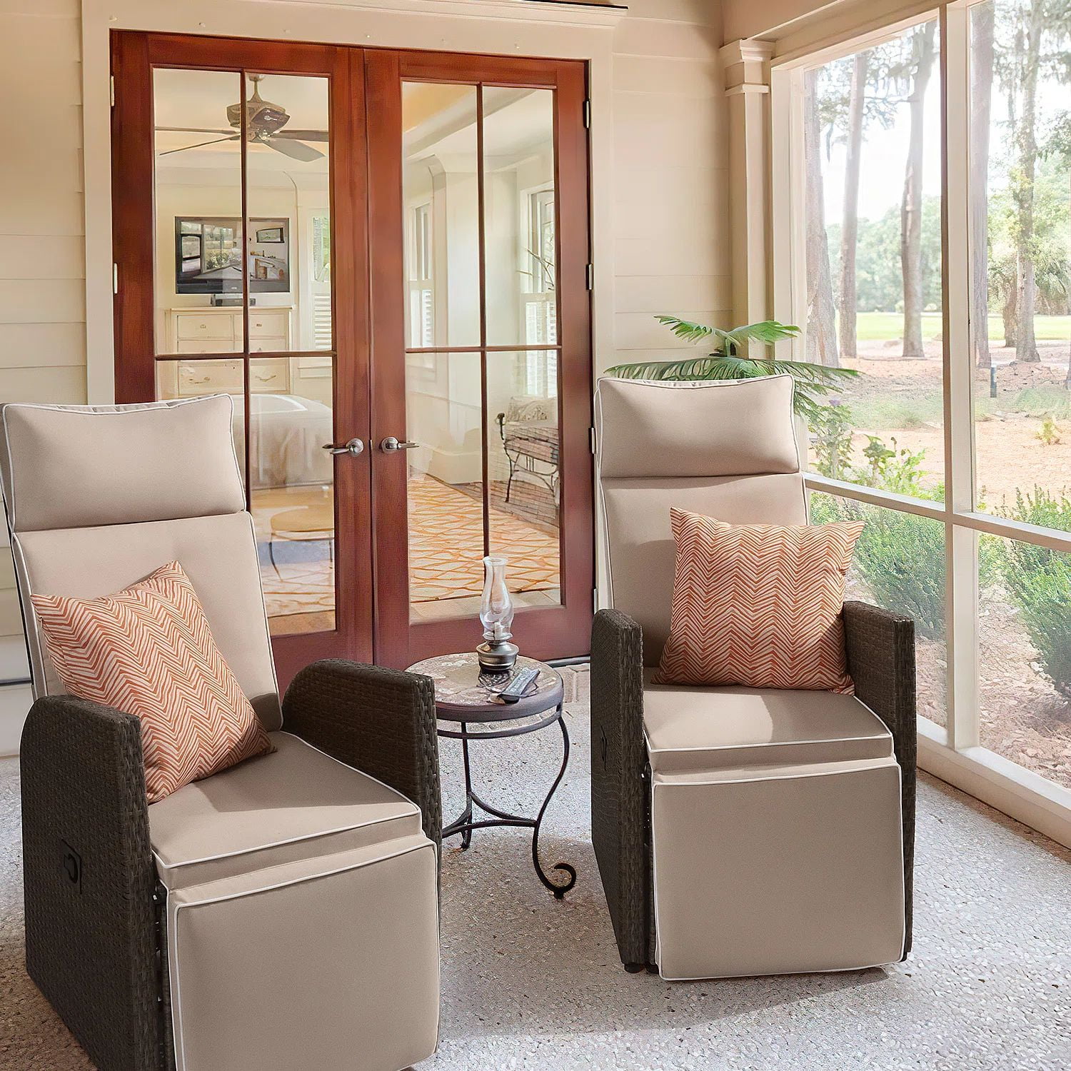 Homall Patio Recliner Outdoor Reclining Chair Adjustable Set of 2 Chair with Flip Table Beige