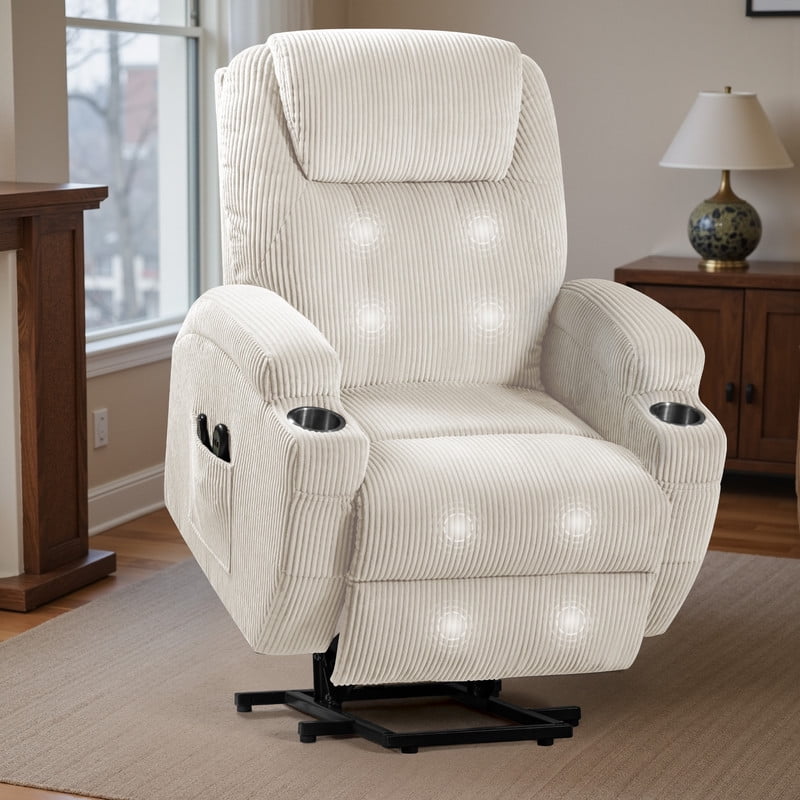Homall Power Lift Massage Recliner Chair with Eight Vibrating Massages Ergonomic Chair with Side Pocket and Soft Corduroy for Living Room,Beige