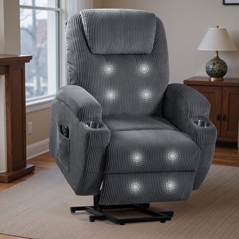 Homall Power Lift Massage Recliner Chair with Eight Vibrating Massages Ergonomic Chair with Side Pocket and Soft Corduroy for Living Room,Grey