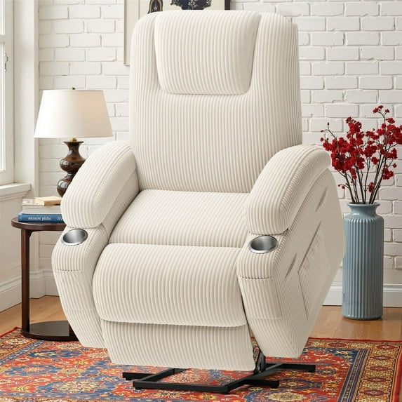Homall Power Lift Recliner Chair with Massage for Living Room Recliner Chair for Elderly with Infinite Position Side Pocket and Saucer,Corduroy Beige