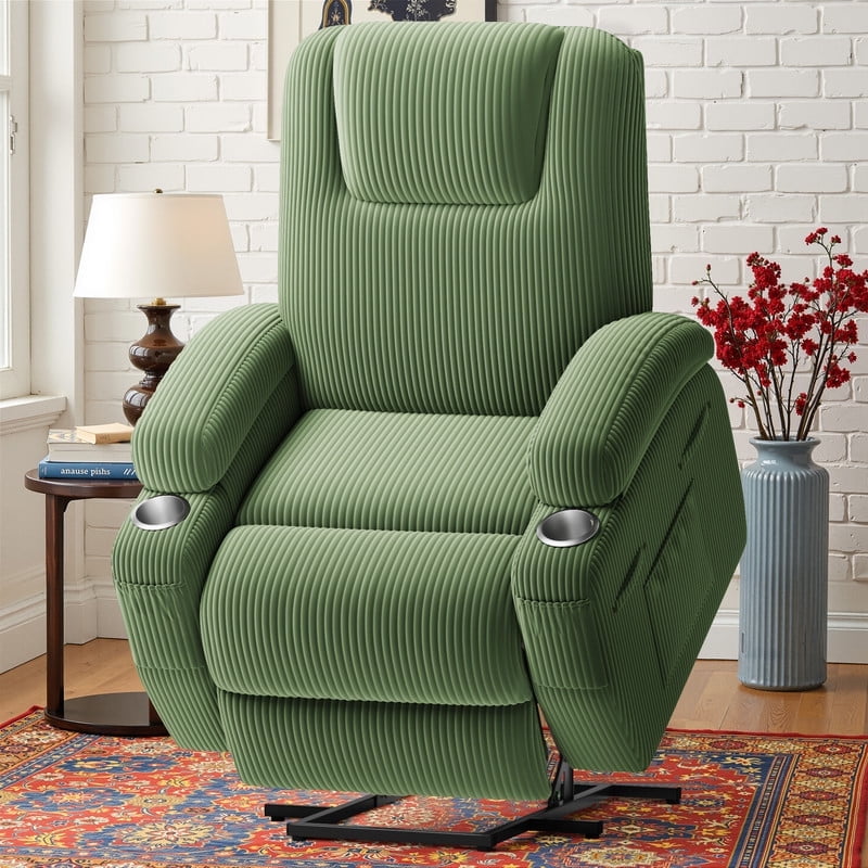 Homall Power Lift Recliner Chair with Massage for Living Room Recliner Chair for Elderly with Infinite Position Side Pocket and Saucer,Corduroy Green
