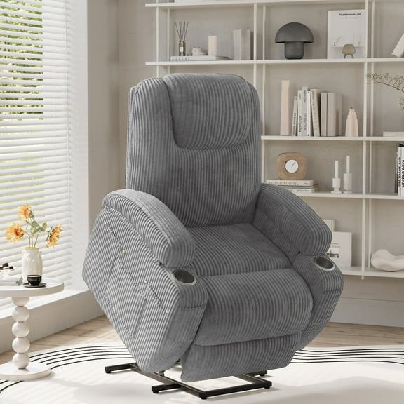 Homall Power Lift Recliner with Eight Vibrating Massages Ergonomic Single Sofa with Side Pocket and Soft Corduroy for Elderly,Corduroy Gray
