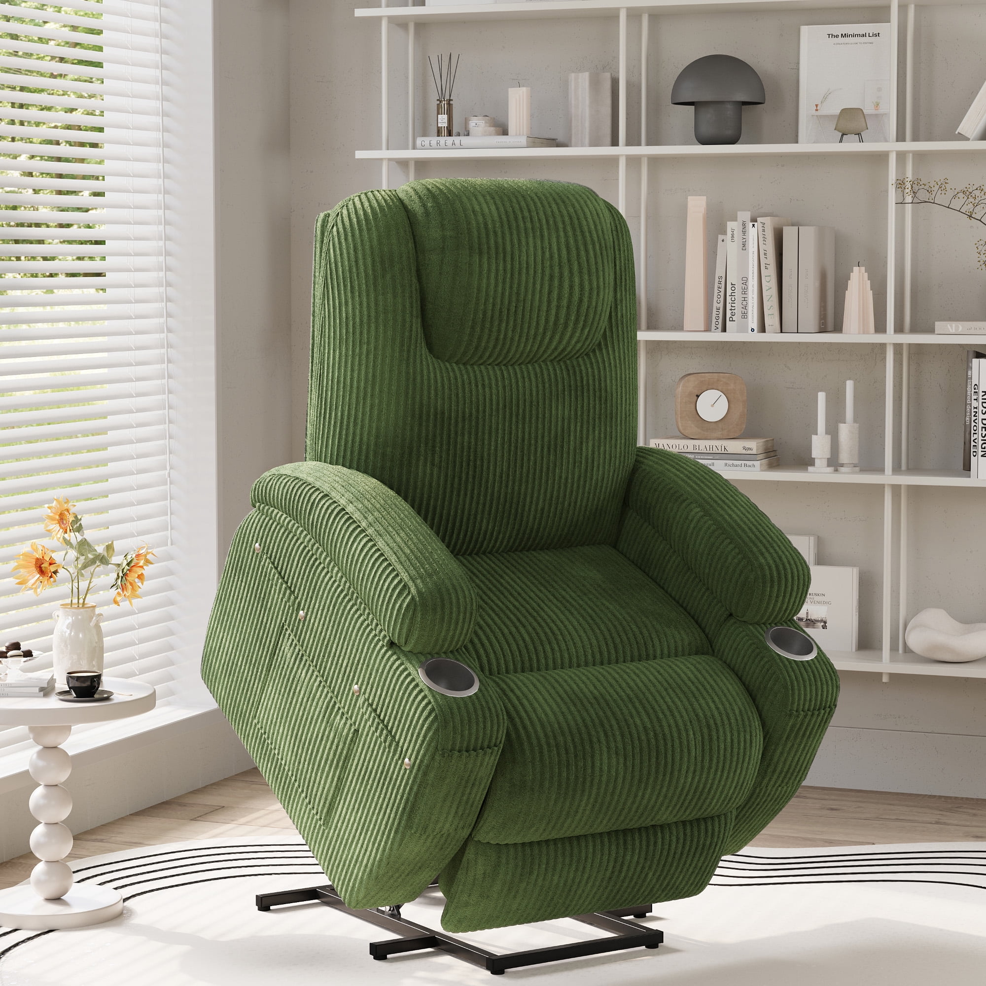Homall Power Lift Recliner with Eight Vibrating Massages Ergonomic Single Sofa with Side Pocket and Soft Corduroy for Elderly,Corduroy Green