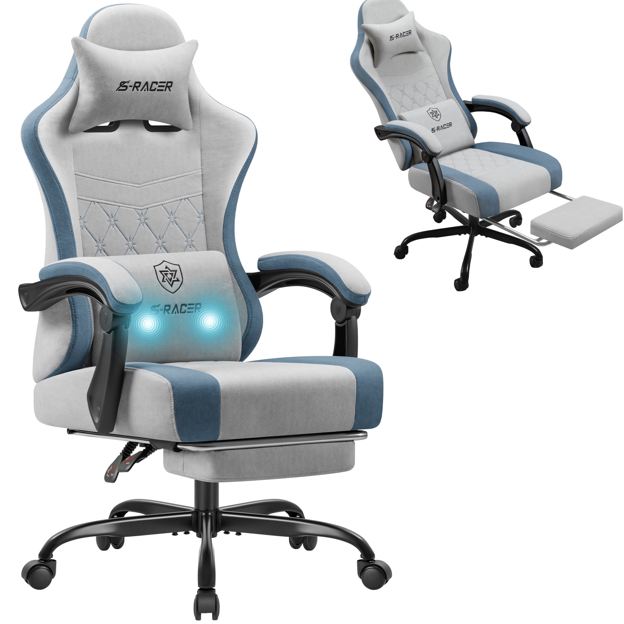 Homall Reclining Gaming Chair Premium Technical Fabric Massage Video Game Chair with Headrest, Lumber Support and Footrest, Gray