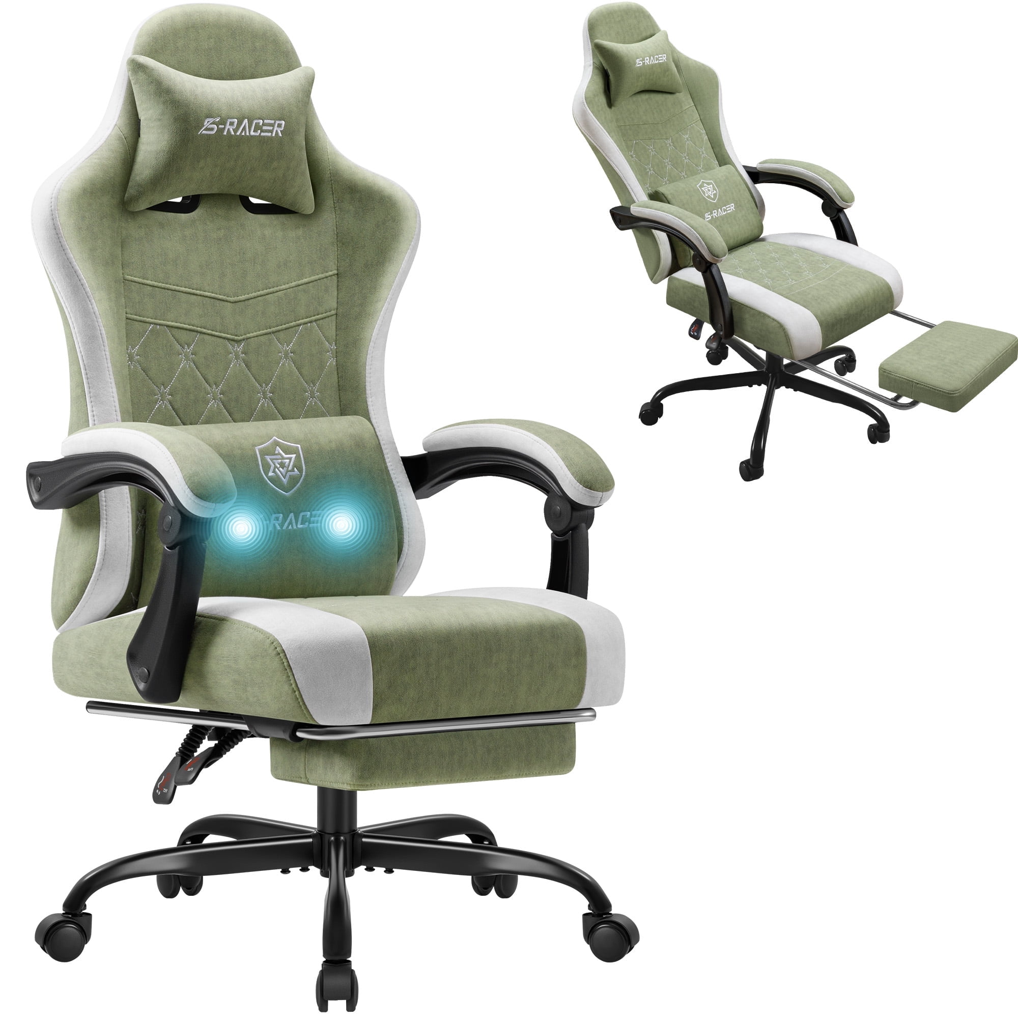 Homall Reclining Gaming Chair Premium Technical Fabric Massage Video Game Chair with Headrest, Lumber Support and Footrest, Green