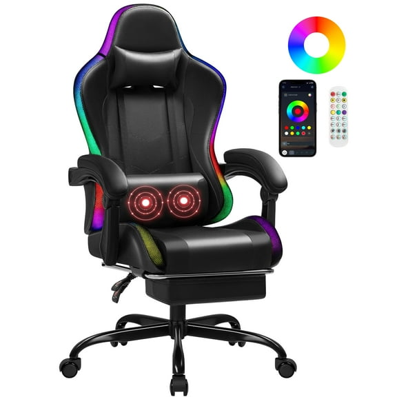 Homall RGB Gaming Chair with APP & Remote Control, LED Lights Ergonomic Computer Chair with Footrest & Massage Lumbar Support, Black
