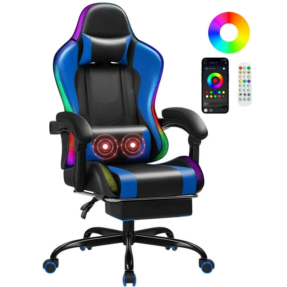 Homall RGB Gaming Chair with APP & Remote Control, LED Lights Ergonomic Computer Chair with Footrest & Massage Lumbar Support, Blue