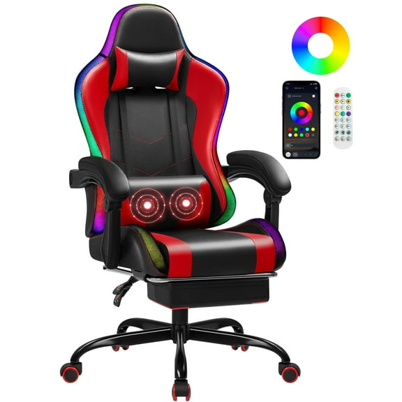 Homall RGB Gaming Chair with APP & Remote Control, LED Lights Ergonomic Computer Chair with Footrest & Massage Lumbar Support, Red