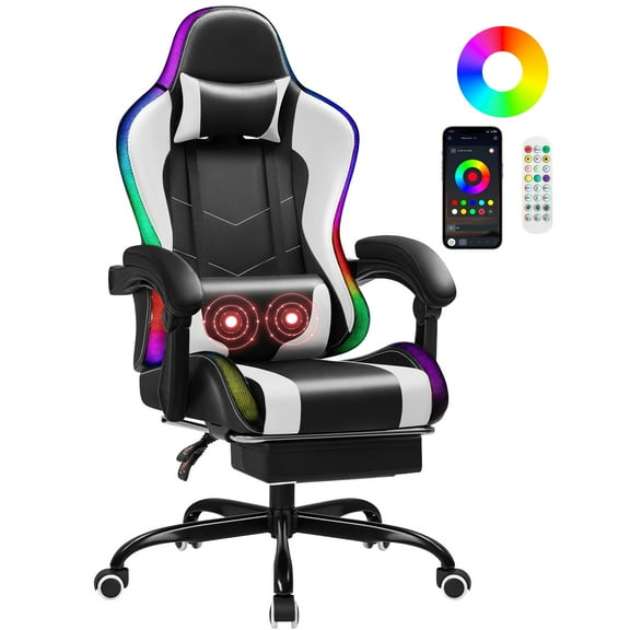 Homall RGB Gaming Chair with APP & Remote Control, LED Lights Ergonomic Computer Chair with Footrest & Massage Lumbar Support, White