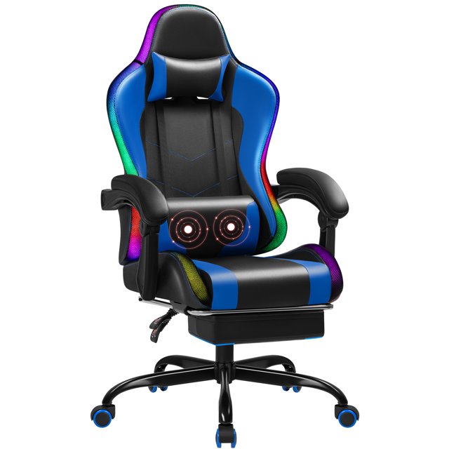 Homall RGB Gaming Chair with Massage, LED Lights, Footrest, Reclining