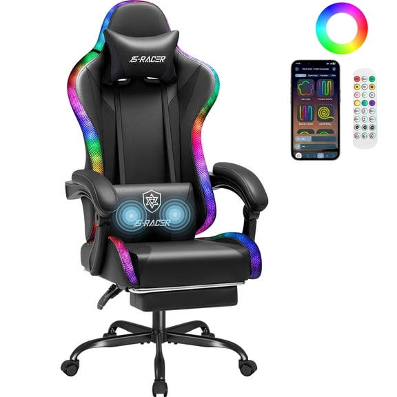 Homall RGB Gaming Chair Massage Reclining Racing Chair with APP & Remote Control, Audio Sync LED, Footrest & Headrest, Black