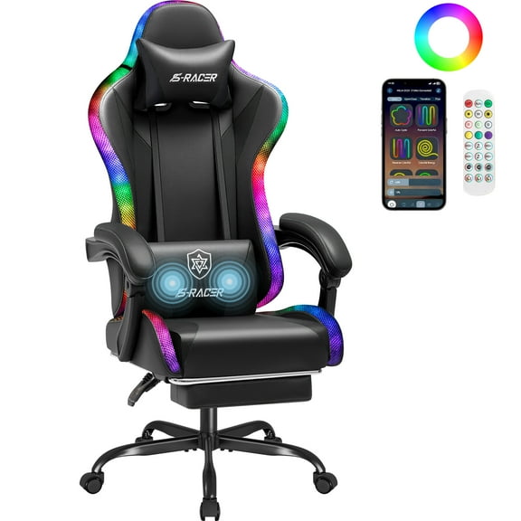 Homall RGB Gaming Chair Massage Reclining Racing Chair with APP & Remote Control, Audio Sync LED, Footrest & Headrest, Black