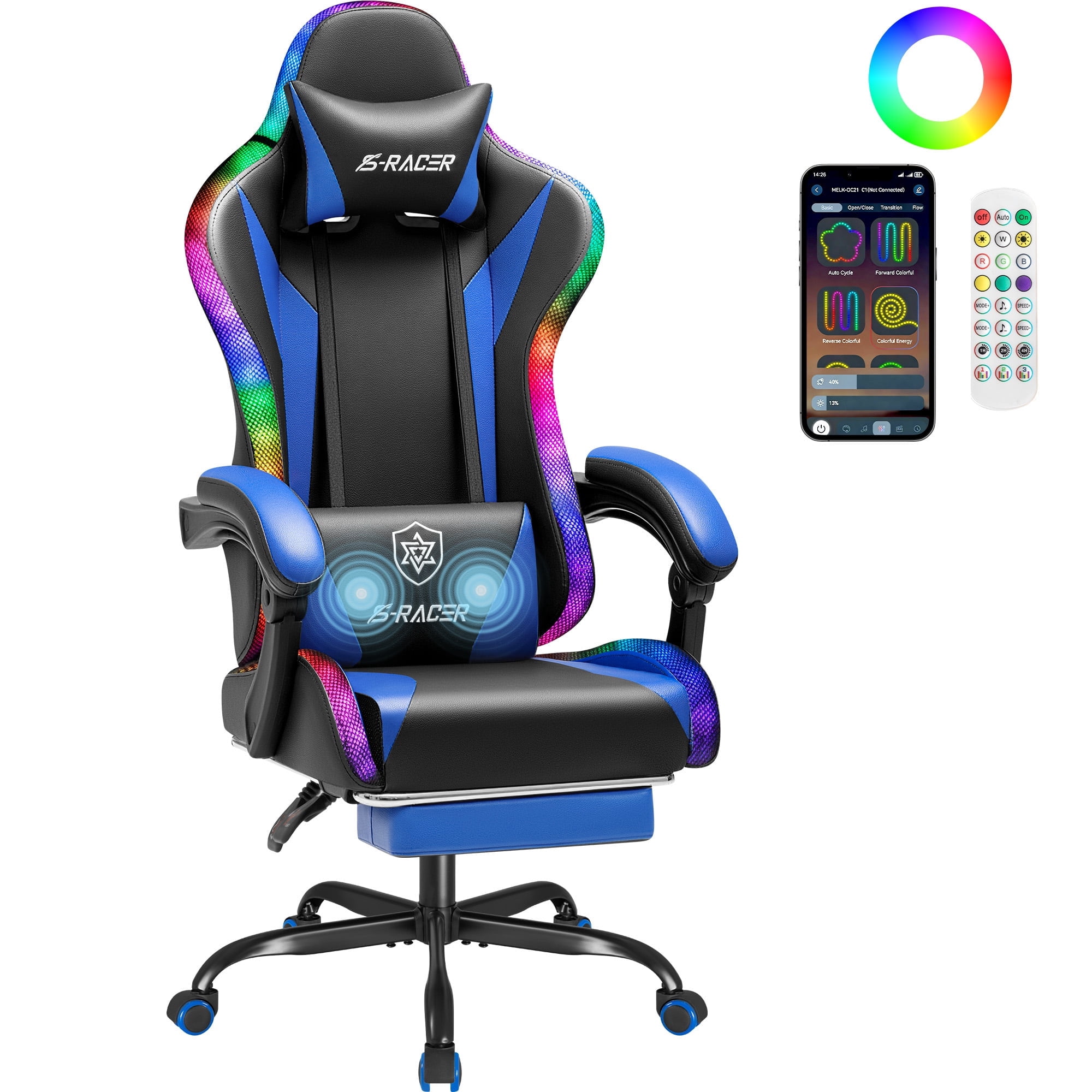 Homall RGB Gaming Chair Massage Reclining Racing Chair with APP & Remote Control, Audio Sync LED, Footrest & Headrest, Blue