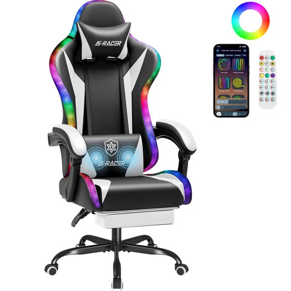 Homall RGB Gaming Chair Massage Reclining Racing Chair with APP & Remote Control, Audio Sync LED, Footrest & Headrest, White