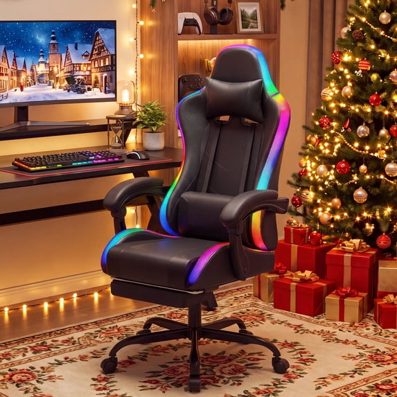 Homall RGB Gaming Chair with APP & Remote Control, LED Lights Ergonomic Computer Chair with Footrest & Massage Lumbar Support, Black