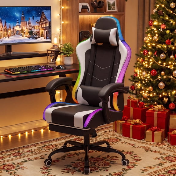 Homall RGB Gaming Chair with APP & Remote Control, LED Lights Ergonomic Computer Chair with Footrest & Massage Lumbar Support, White