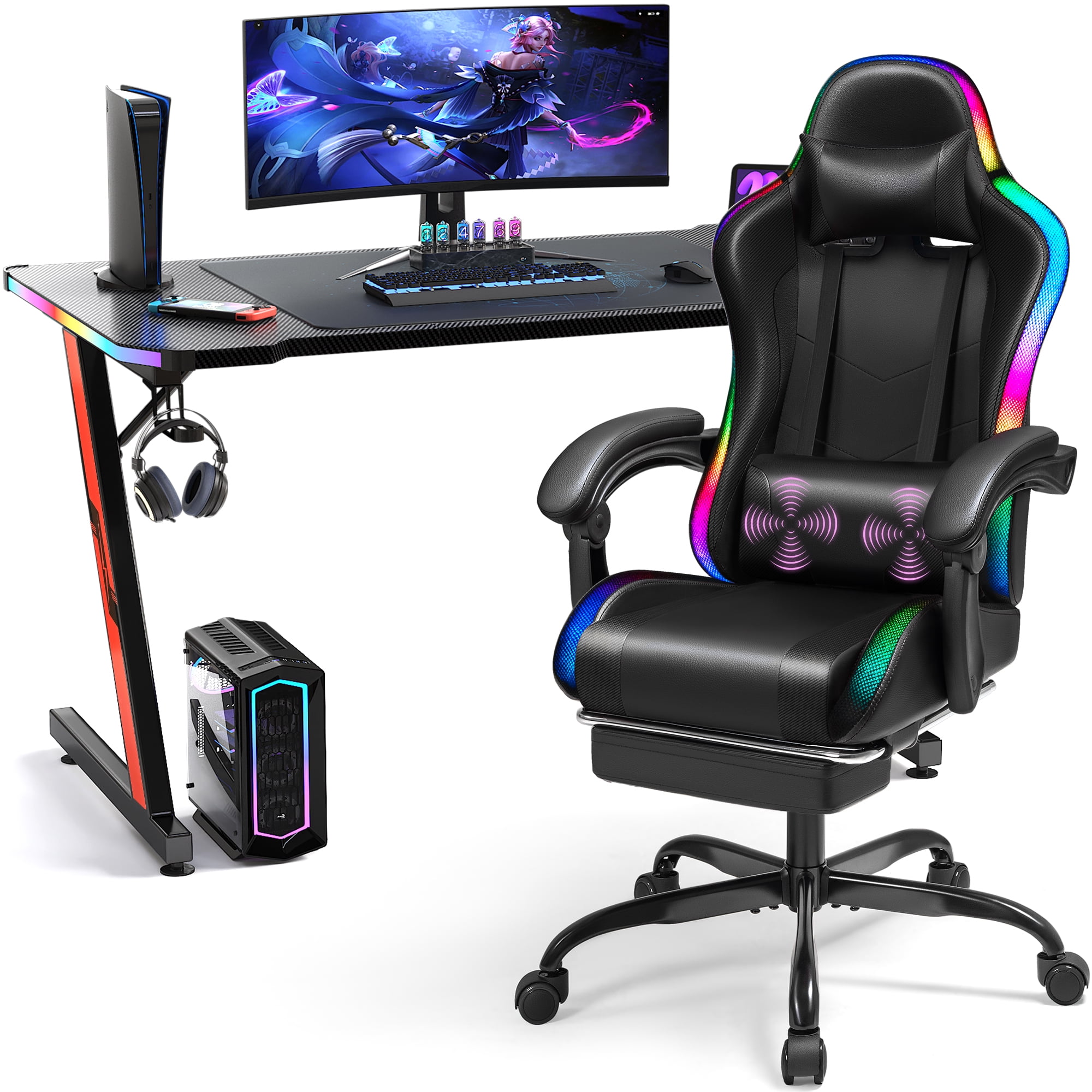 Homall RGB Gaming Desk and Chair Set Carbon Fiber Desktop Z Shape Table Massage Ergonomics Racing Chair E Sports LED Lights Chair RGB Gaming Set