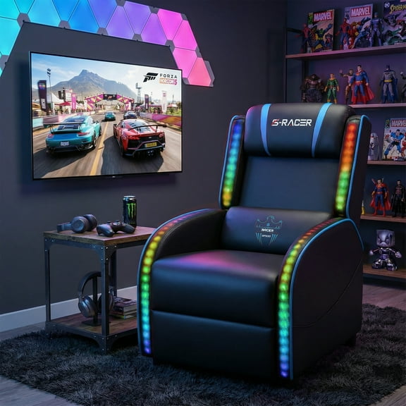 Homall RGB LED Lights Gaming Massage Recliner Chair Racing Style Single Living Room Sofa Ergonomic Home Theater Seating with Massage Lumbar Support, Blue