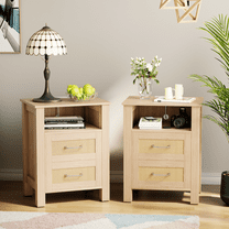 Homall Rattan Nightstand Set of 2 with 2 Drawers, Bedside Table End Table with Charging Station for Bedroom Living Room, Beige