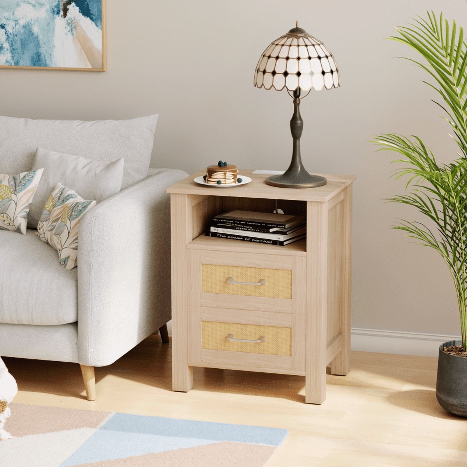 Homall 1 Piece Rattan Nightstand with 2 Drawers, Bedside Table End Table with Charging Station for Bedroom Living Room, Beige