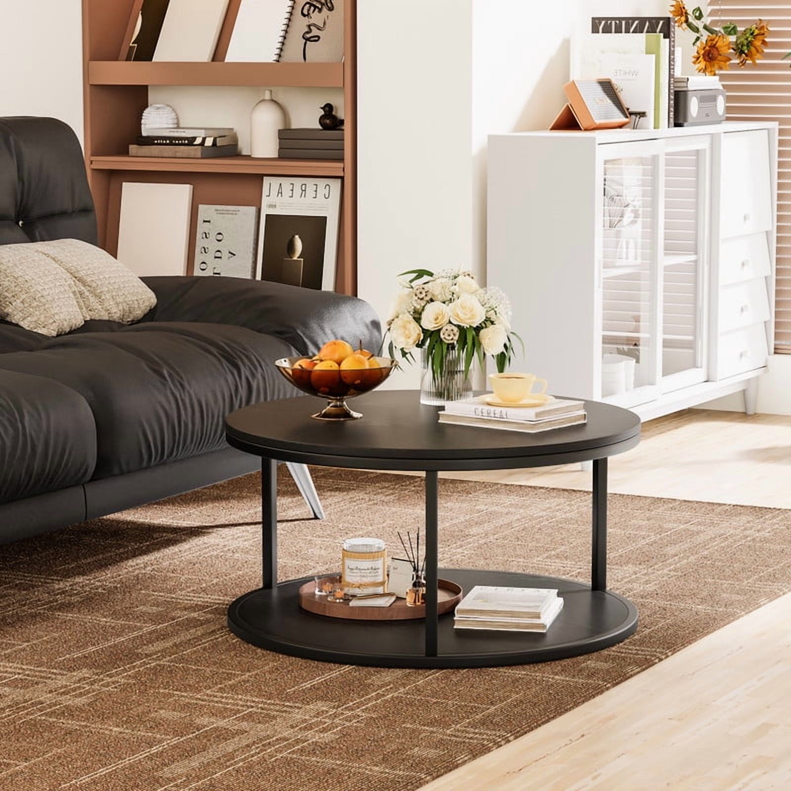 Homall Round Farmhouse Coffee Table with Storage 2 Level Wooden Center Table For Living Room,Black