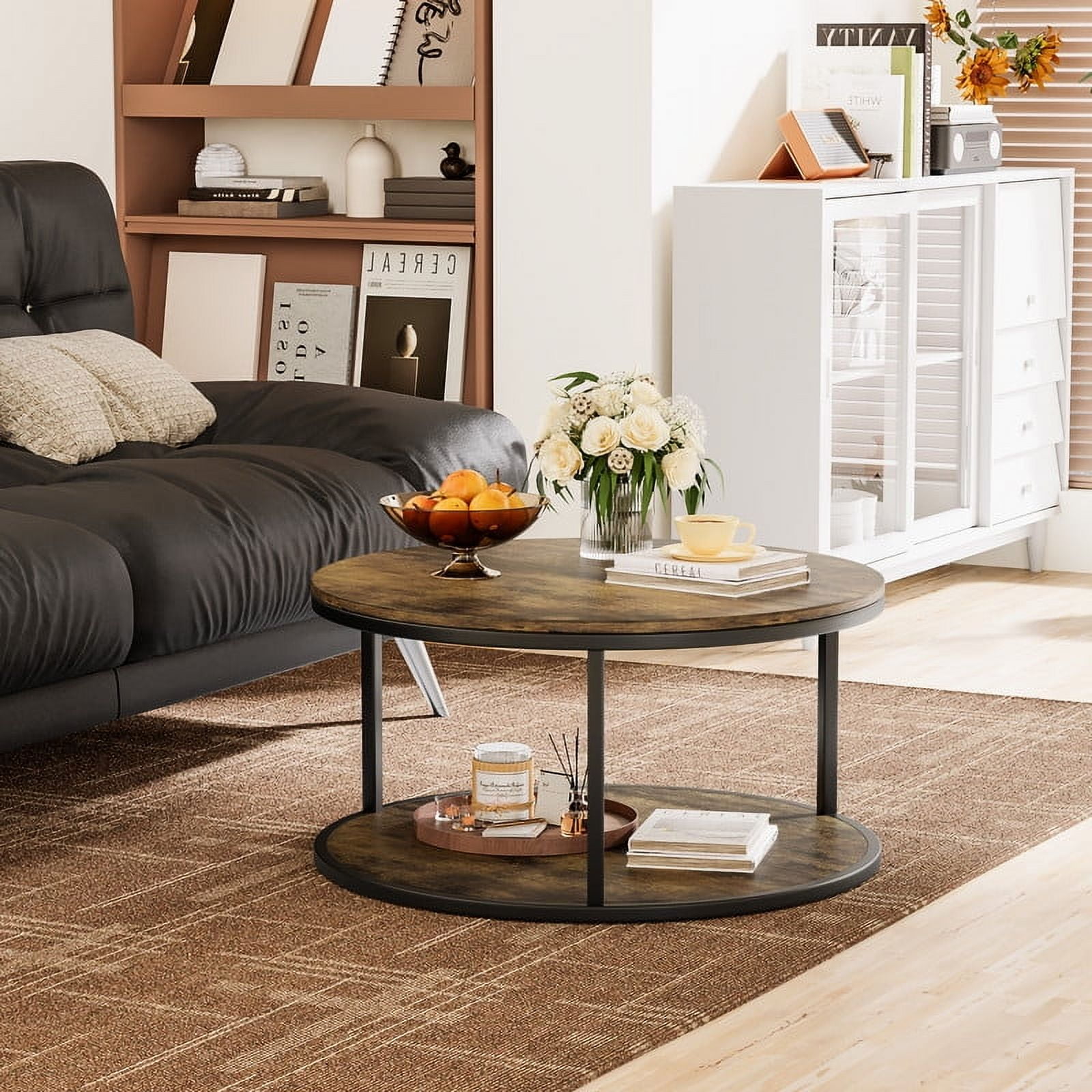 Homall Round Farmhouse Coffee Table with Storage 2 Level Wooden Center ...
