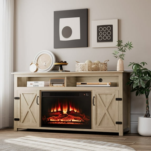 Homall Rustic 65" Television Stand with Electric Fireplace & 2 Shelves, Wood Oaken, 15.1'' W