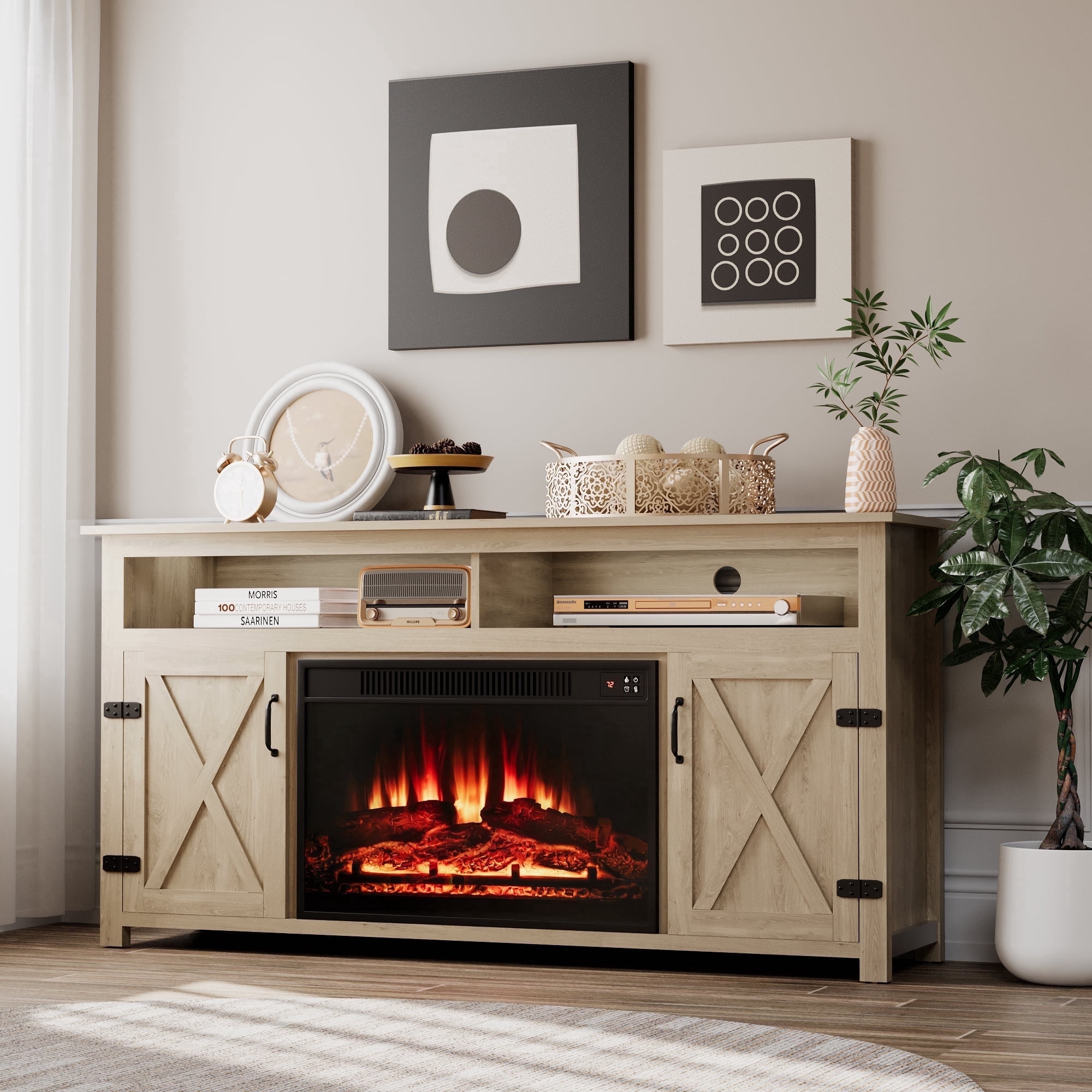 Homall Rustic 65" Television Stand with Electric Fireplace & 2 Shelves, Wood Oaken, 15.1'' W