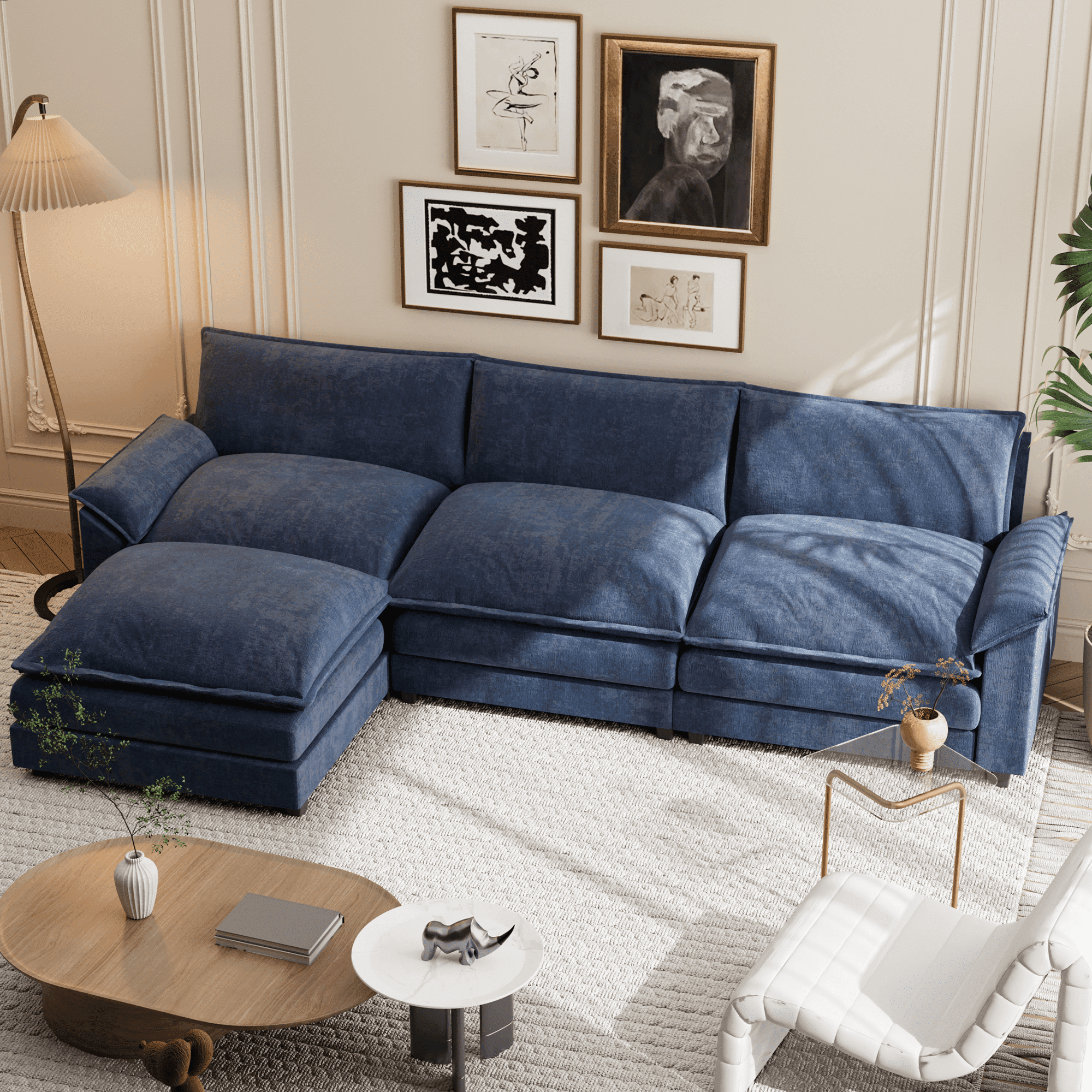 Homall Sectional Sofa 3-seat L-shaped Sofa with reversible toffee chair Movable Footrest Sofa,Blue