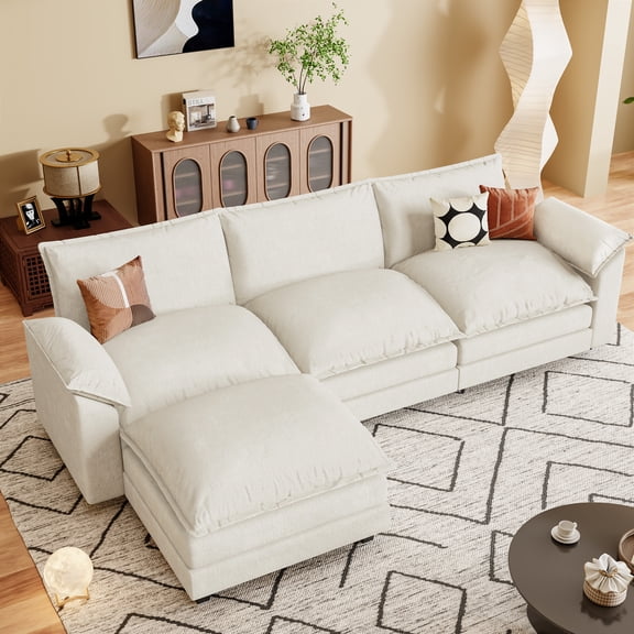 Homall Sectional Sofa 3-seat L-shaped Sofa with reversible toffee chair Movable Footrest Sofa,White