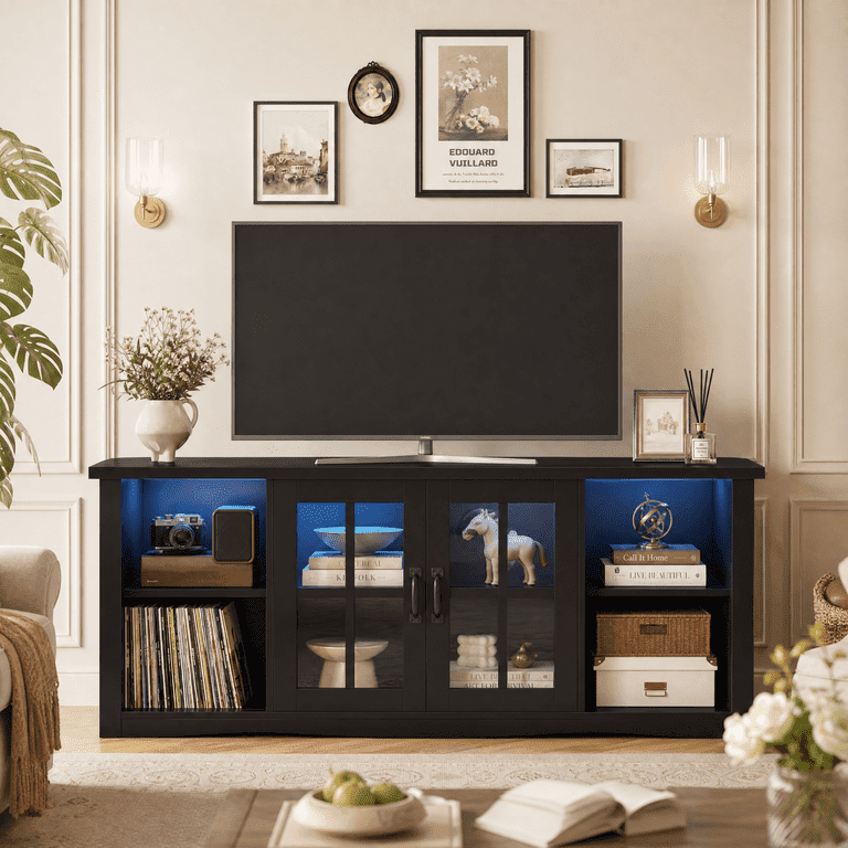 Homall TV Stand for 65 Inch TV with LED Lights & Glass Doors, Media ...