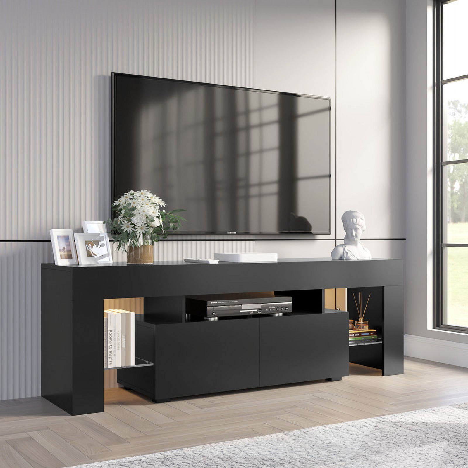 Homall 63'' TV Stand for TVs up to 70'', TV Stand with Remote LED Lights, Black Modern Entertainment Center with Soft-Close Drawers & Adjustable Shelves for Living Room, Black